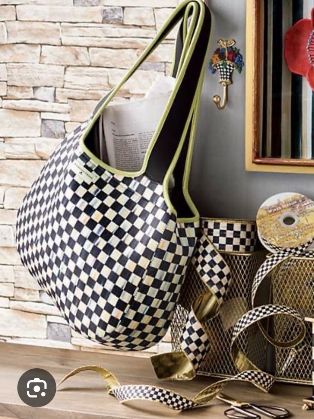 MacKenzie-Childs Black-and-White Check Tote with Lime Trim